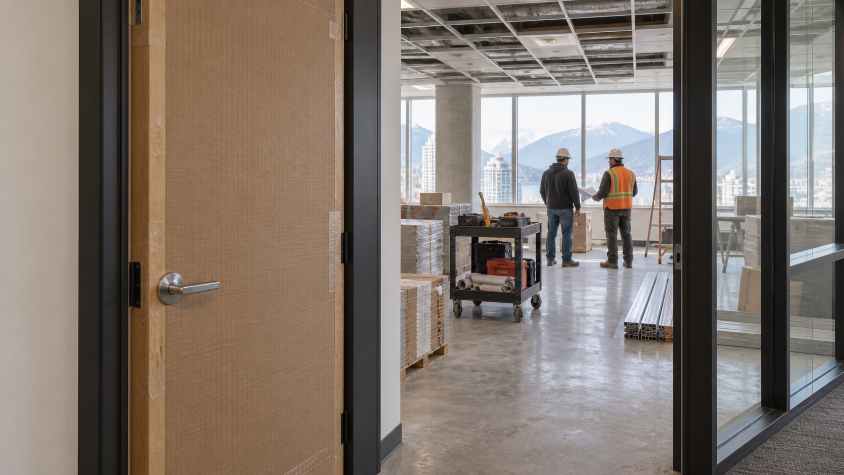 A board-covered door on a commercial fit-out site