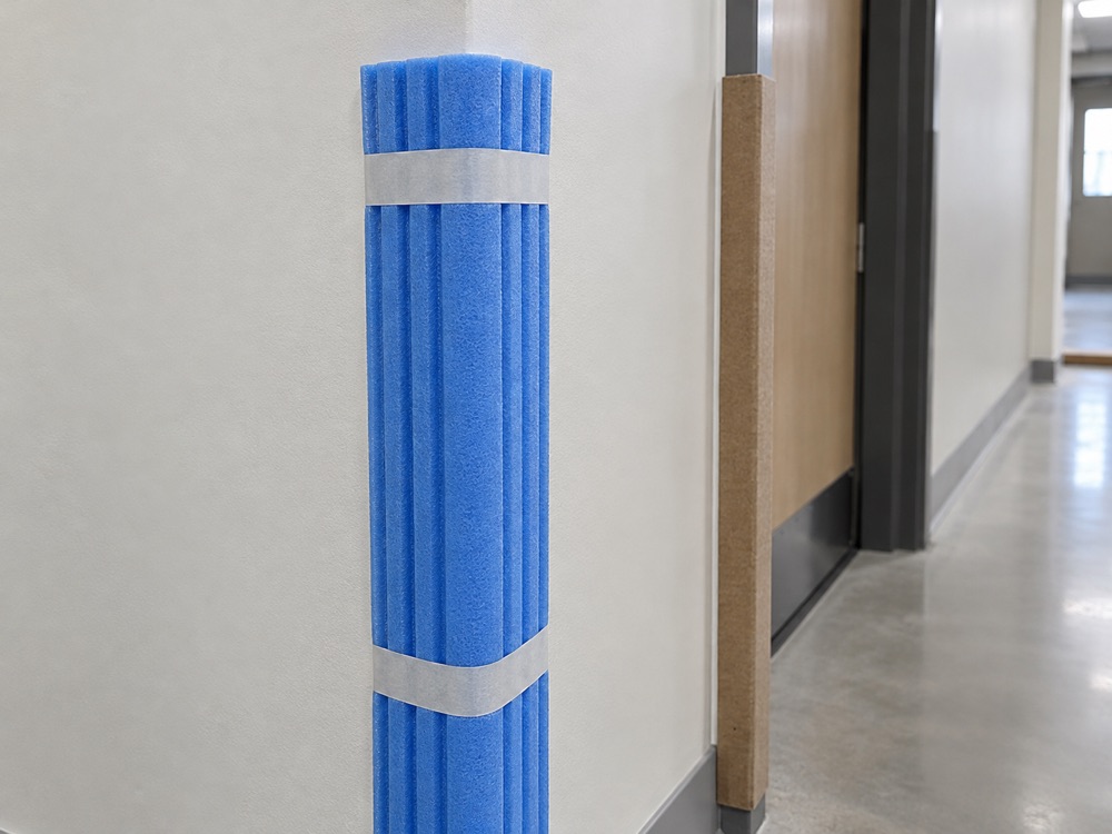 Blue foam corner guard and fiberboard door jamb protection