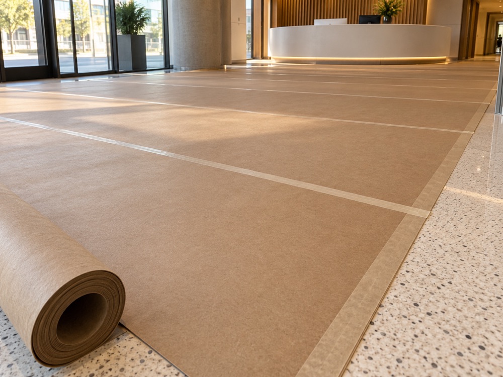 Taped temporary floor protection board in a commercial lobby