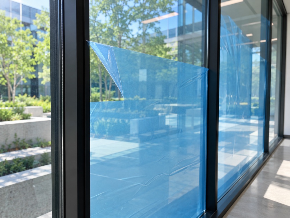Blue temporary protective film on commercial office windows