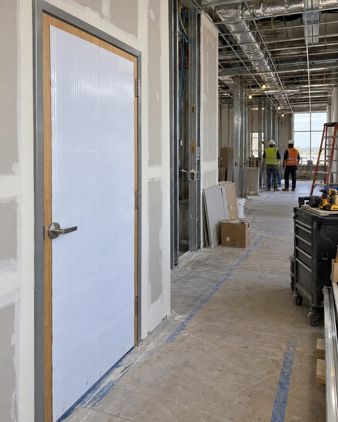 Temporary door protection in a building wing under construction