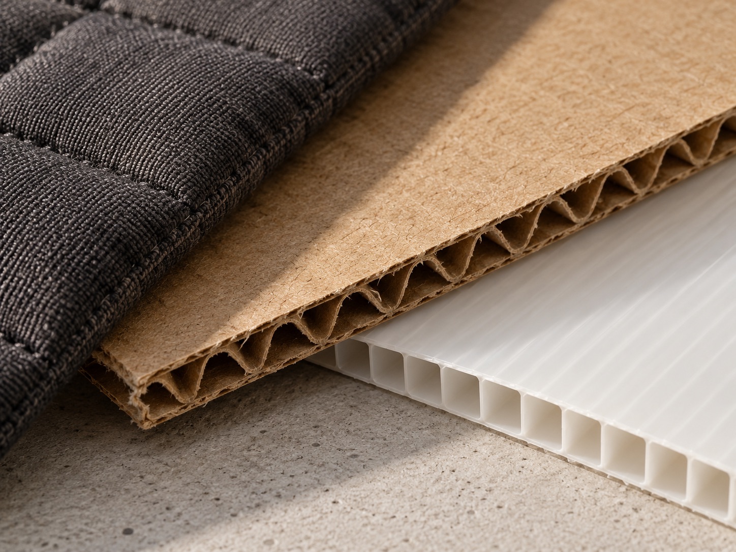 Quilted fabric, corrugated cardboard and twinwall plastic textures