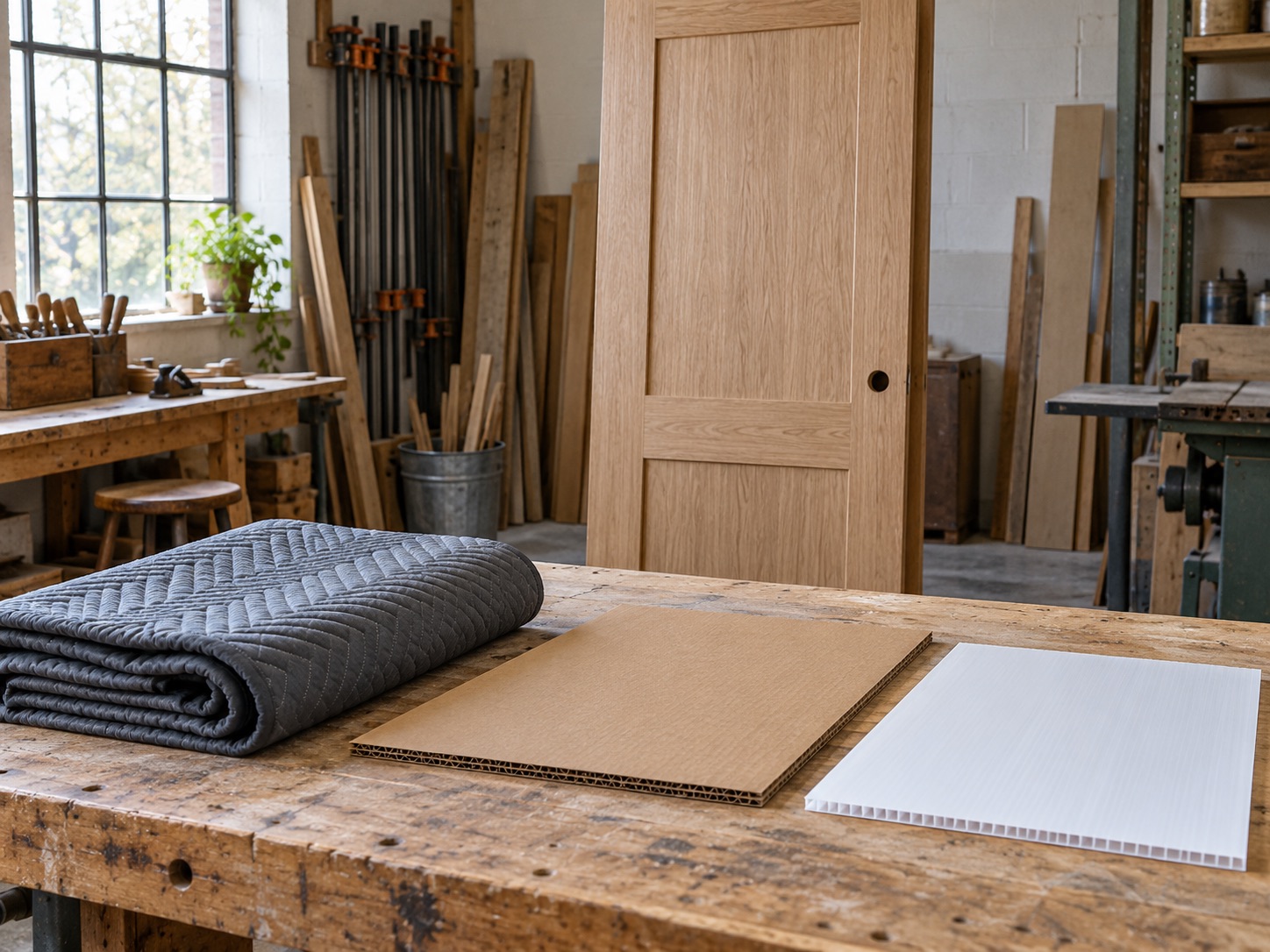 Door protection material samples arranged on a workshop bench