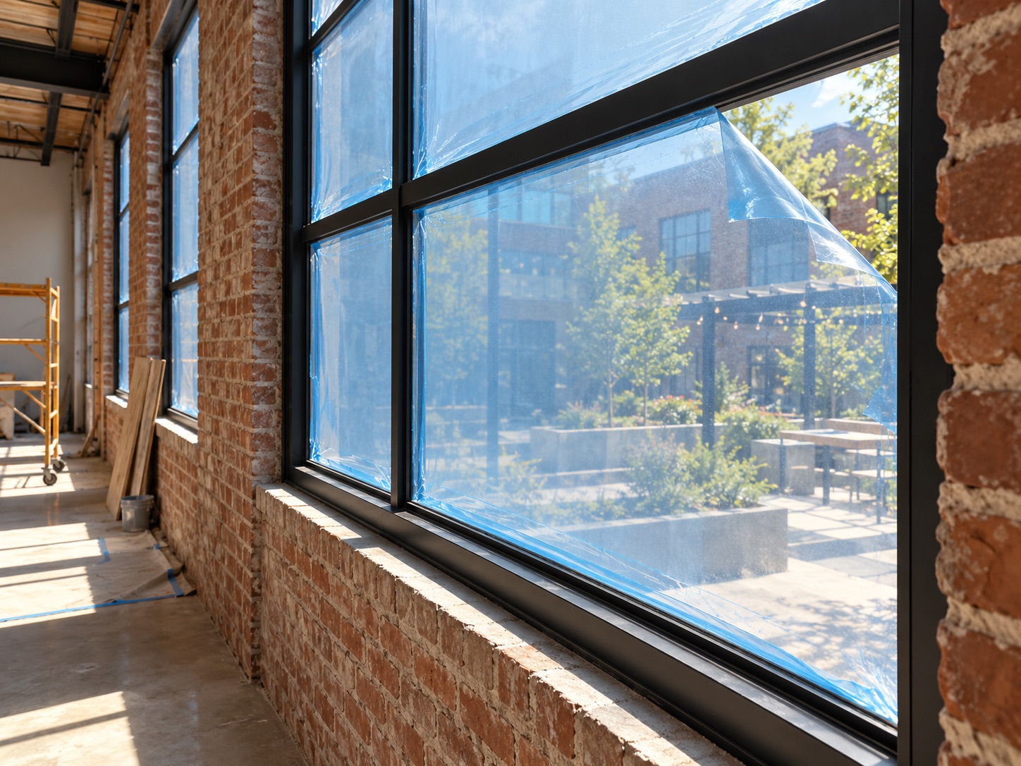 Transparent protective film on black-framed loft windows
