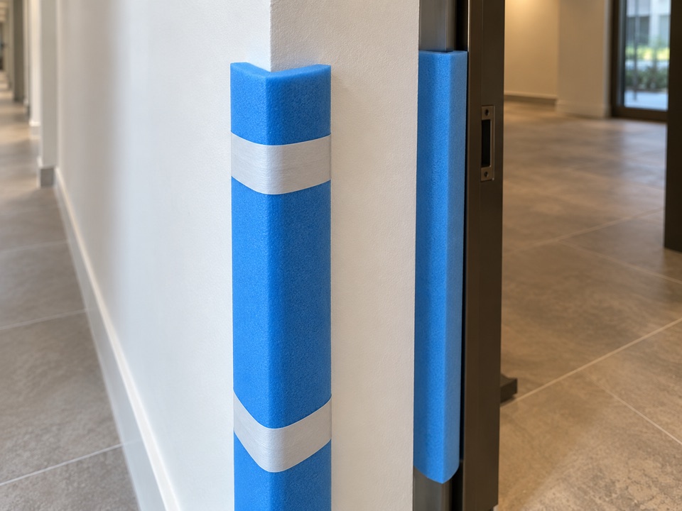 Blue foam profiles protecting a wall corner and door jamb