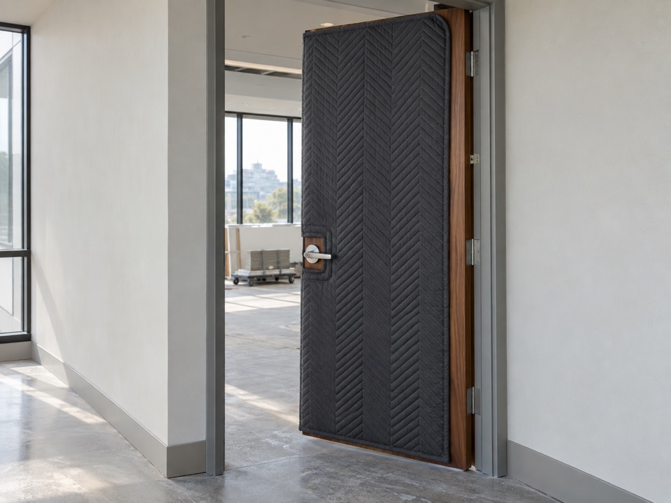 Quilted protective cover on an office door