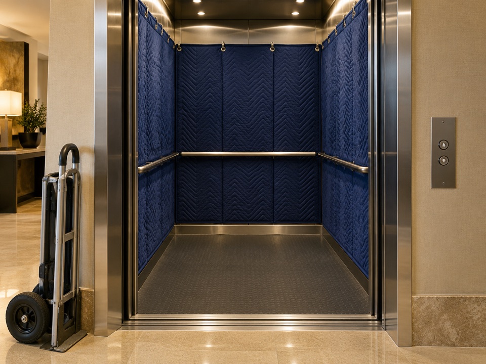 Navy protective pads lining an elevator cab