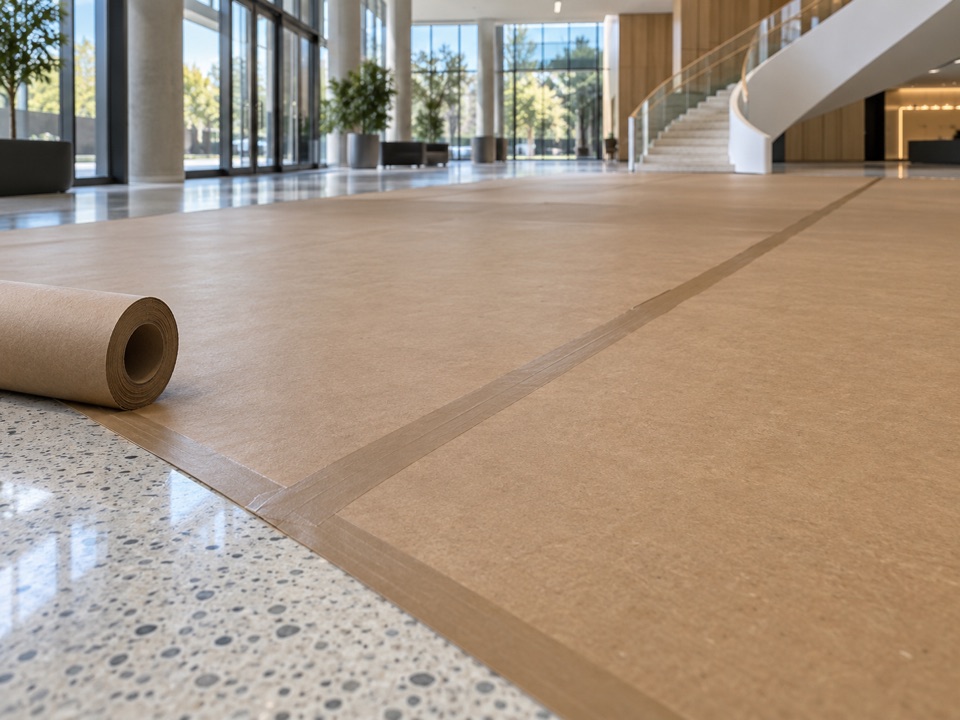 Temporary protection board covering a lobby floor