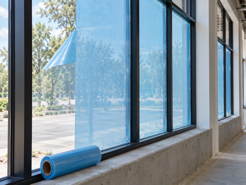 Blue protective film on commercial glazing