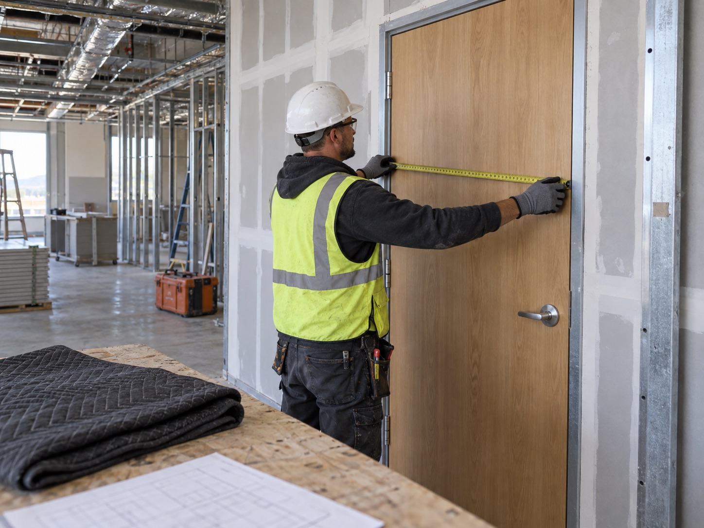 Measuring an installed timber door on an unfinished commercial construction site